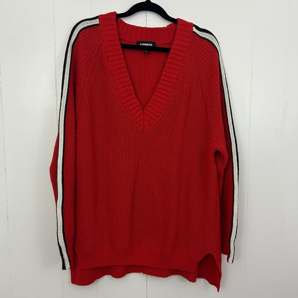 Express Red V-Neck Shaker Knit Sweater Black White Sleeve Stripe Womens Small - Picture 1 of 8